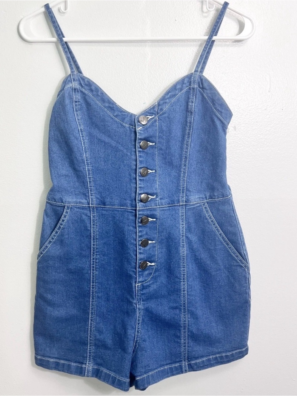 MINKPINK Blue Denim Button Romper Small
